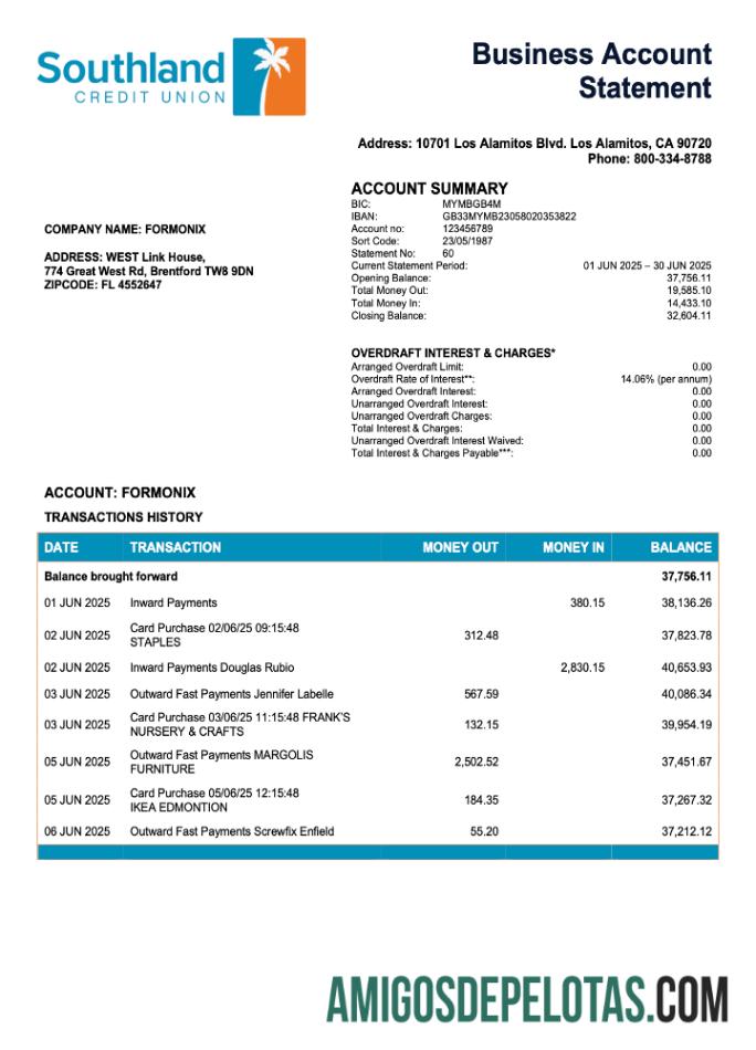 Imprimível EUA Califórnia Southland Credit Union Business Checking modelo de extrato de conta Word e PDF